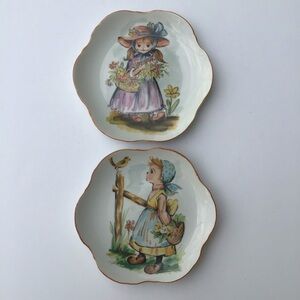Vintage German Wall Plates PAIR Girls Country Shabby Cottage Chic Bird Pastel